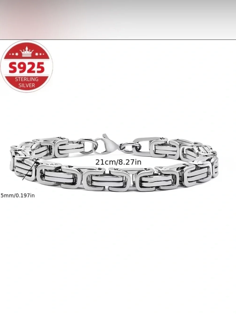 Men’s Solid 925 Sterling Silver 5mm Square Byzantine Bike Link Chain Bracelet